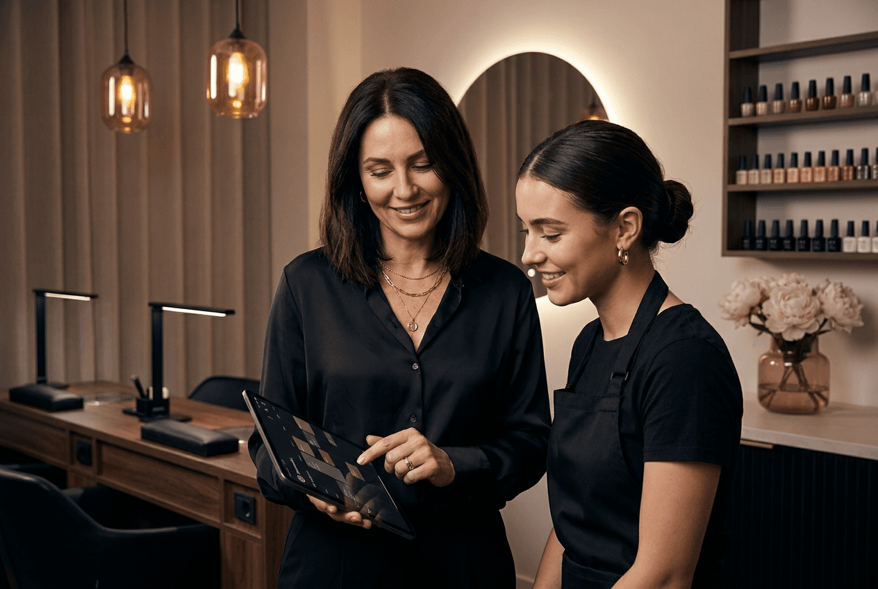 Zwei Nail Artists schauen gemeinsam auf ein Tablet im Studio