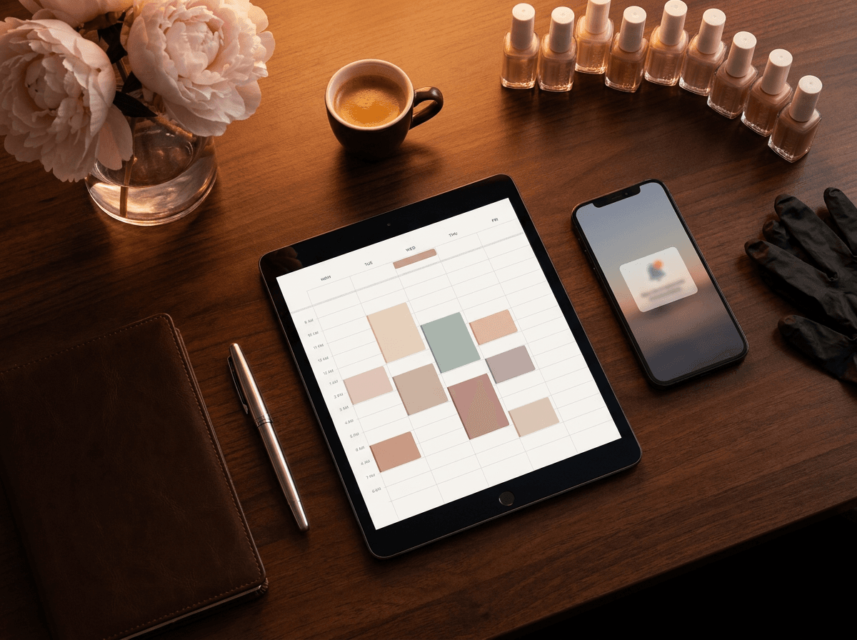 Tablet mit Kalender, Kaffee und Notizbuch auf einem Studio-Arbeitsplatz