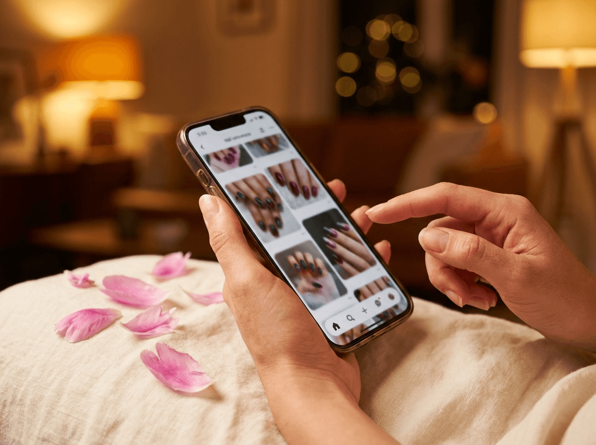 Kundin scrollt durch Nail-Inspirationen auf dem Smartphone