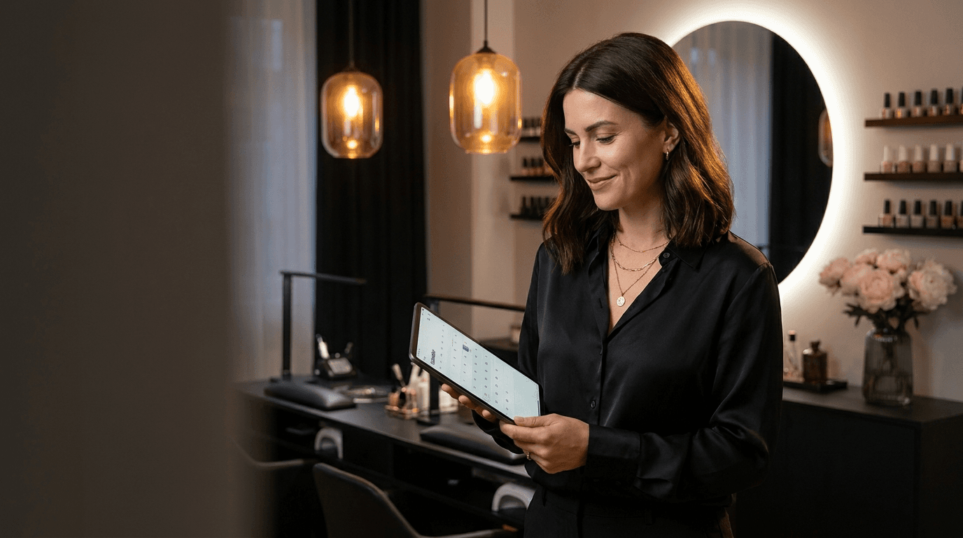Studio-Inhaberin mit Tablet in ihrem Nagelstudio