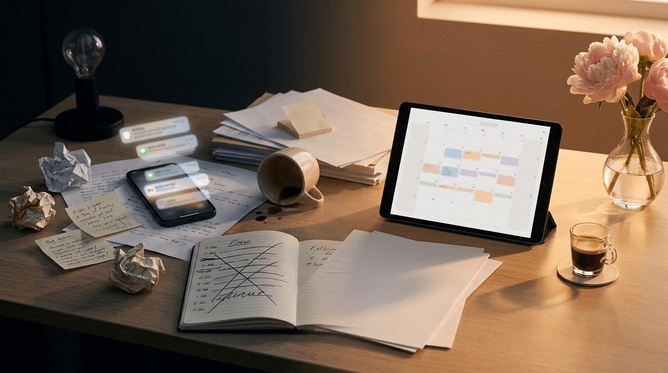 Schreibtisch mit Papierchaos, Smartphone-Nachrichten und einem klaren digitalen Kalender
